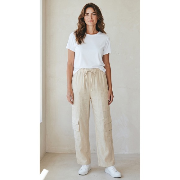 easel Pants - Easel Los Angeles‎ Women Oatmeal Linen Blend Wide Leg Cargo Pants Medium NWT